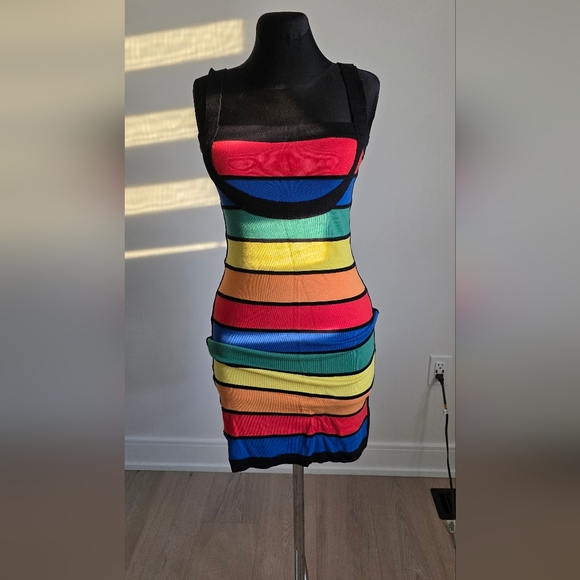 Yuka Colorful Striped Colorblock Bodycon Mini Dress , S - Picture 2 of 8